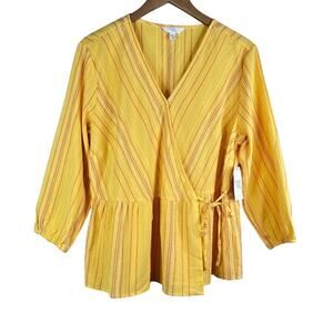 Time and Tru yellow embroidered stripe V neck long sleeve wrap blouse large NEW
